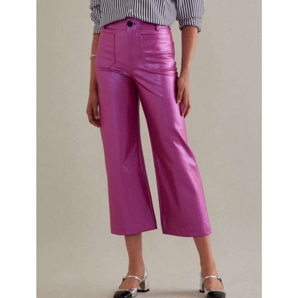 Anthropologie Maeve Colette Cropped Wide-Leg Vegan Leather Bright Pink Pants 29P